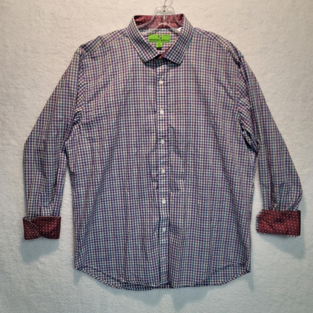 Bristol And Bull Mens XL 17-17.5 Flip Up Cuff Blue/Red/White/Yellow Longsleeve